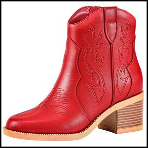 Women's Embroidered Western Cowboy Boots Round Toe Ankle Booties Chunky Heel